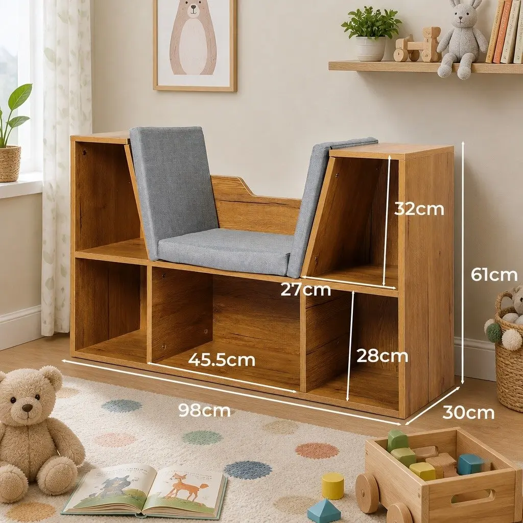 Toy Storage Box Organizer Shelf with Detachable Cushion for Kids Room Brown 98cm L x 30cm W x 61cm H