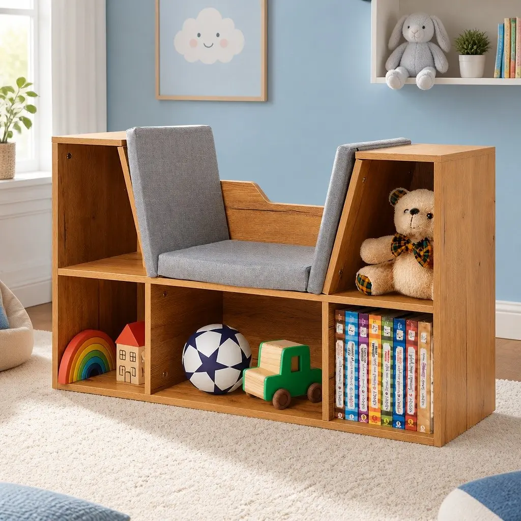 Toy Storage Box Organizer Shelf with Detachable Cushion for Kids Room Brown 98cm L x 30cm W x 61cm H