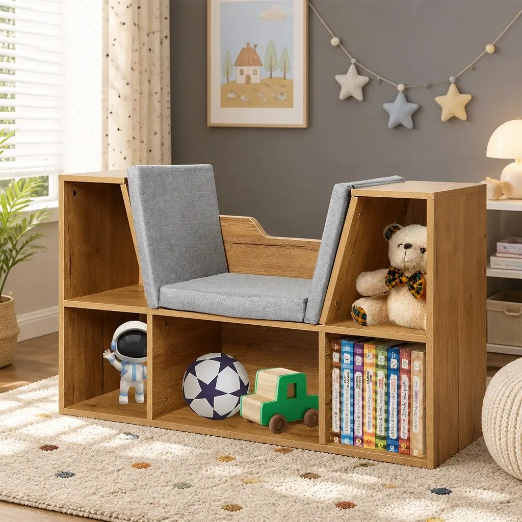 Toy Storage Box Organizer Shelf with Detachable Cushion for Kids Room Brown 98cm L x 30cm W x 61cm H