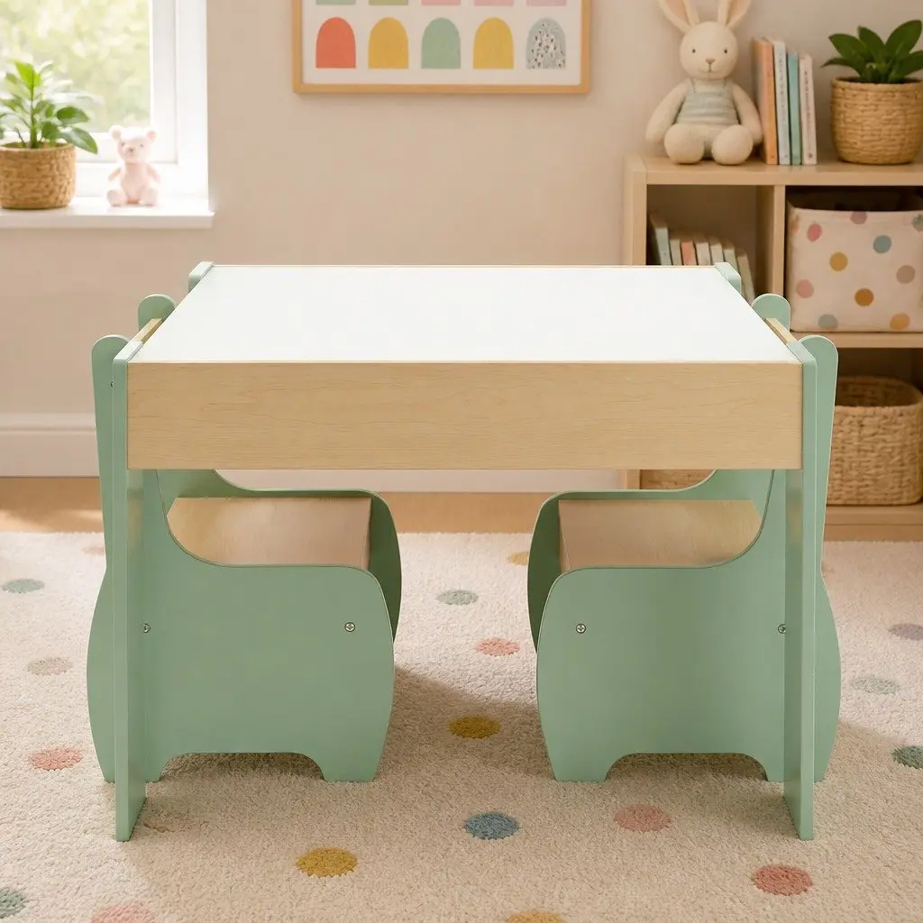 Kids Table and Chairs Set for Learning and Dining 3-in-1 Chalkboard Desk Storage Morandi Green