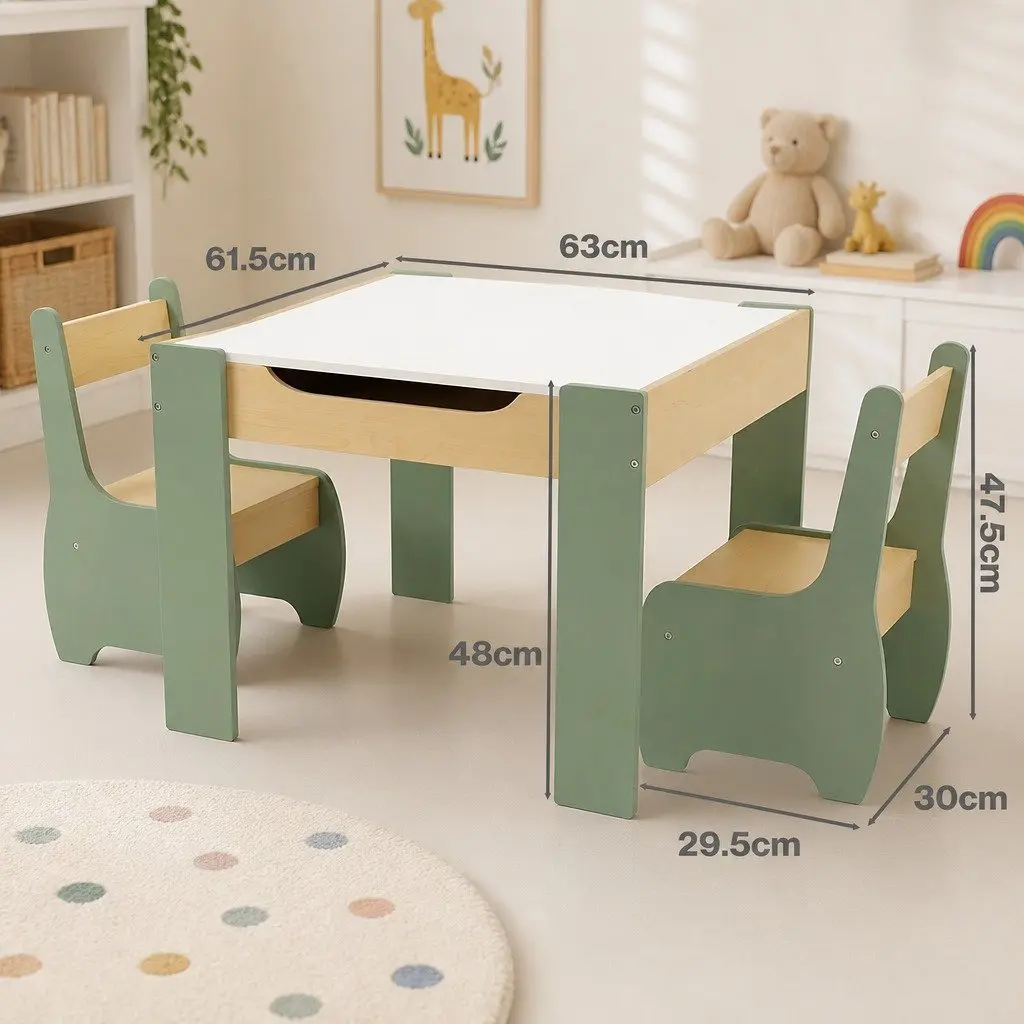 Kids Table and Chairs Set for Learning and Dining 3-in-1 Chalkboard Desk Storage Morandi Green