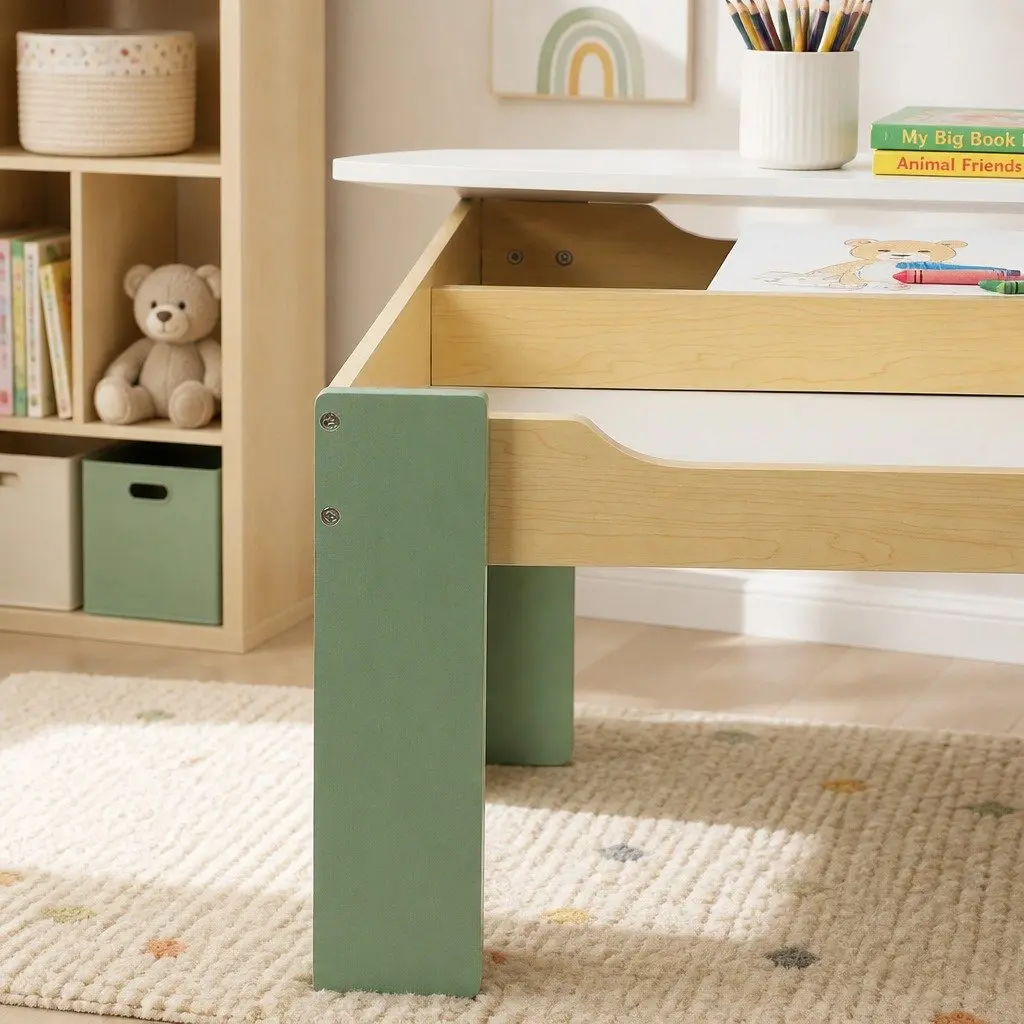 Kids Table and Chairs Set for Learning and Dining 3-in-1 Chalkboard Desk Storage Morandi Green