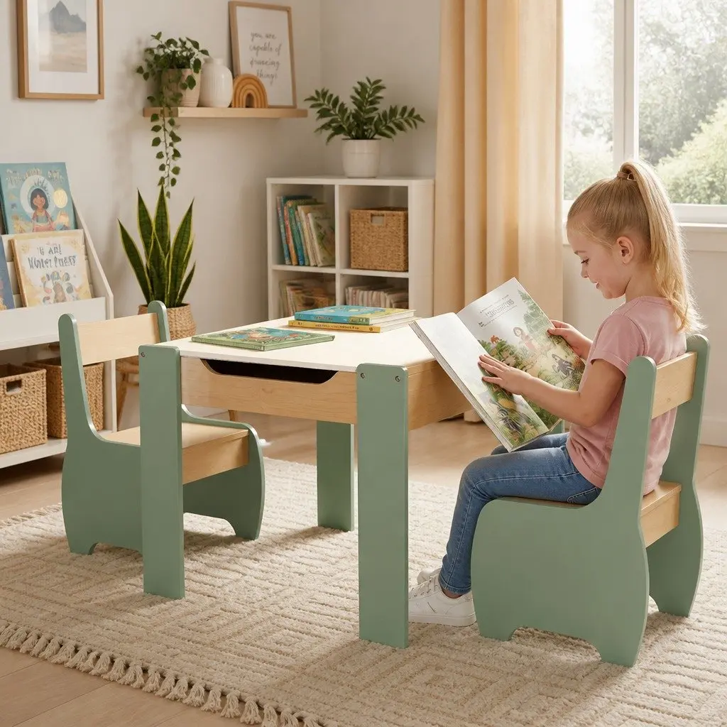Kids Table and Chairs Set for Learning and Dining 3-in-1 Chalkboard Desk Storage Morandi Green