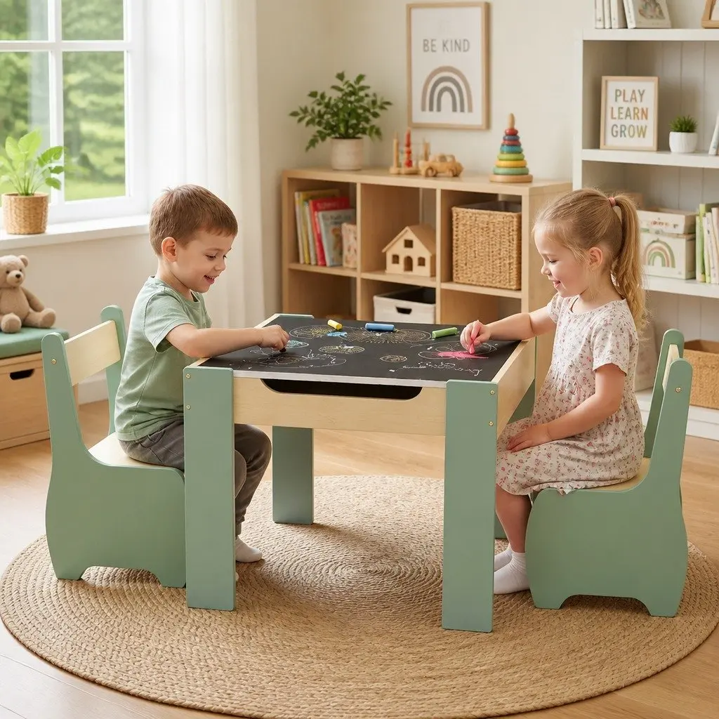 Kids Table and Chairs Set for Learning and Dining 3-in-1 Chalkboard Desk Storage Morandi Green