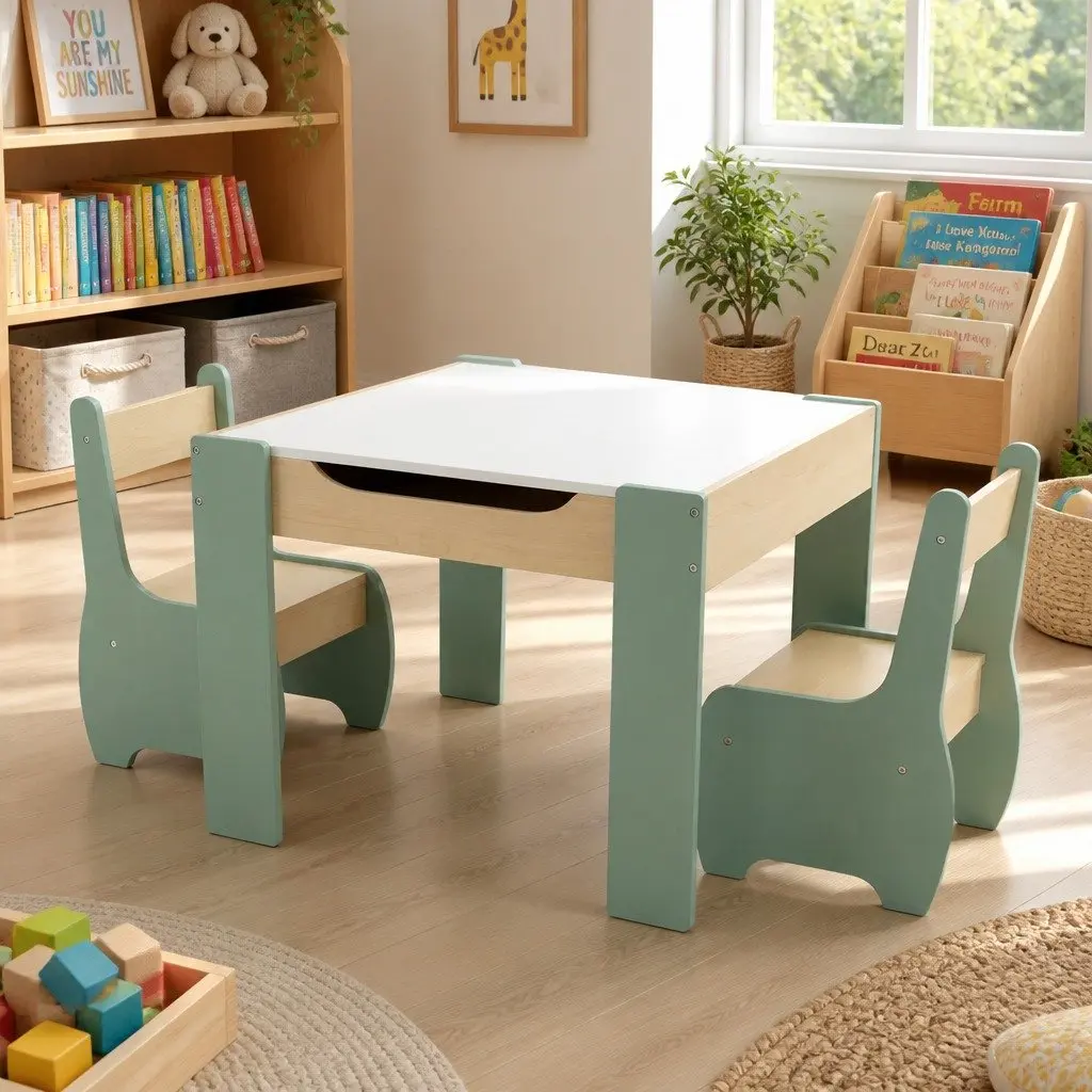 Kids Table and Chairs Set for Learning and Dining 3-in-1 Chalkboard Desk Storage Morandi Green