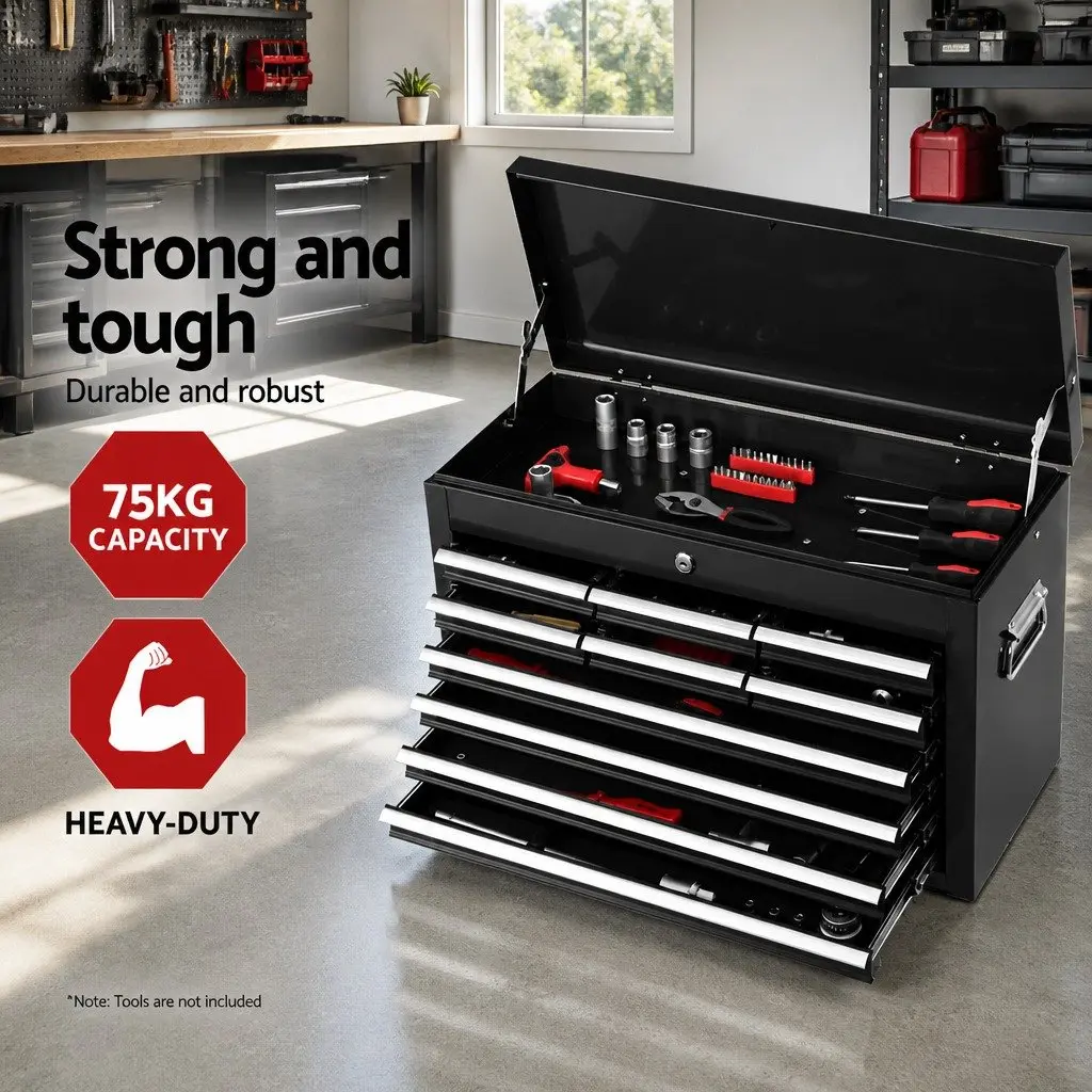10 Drawer Tool Box Cabinet Chest Storage Organiser Garage Workshop Black Steel