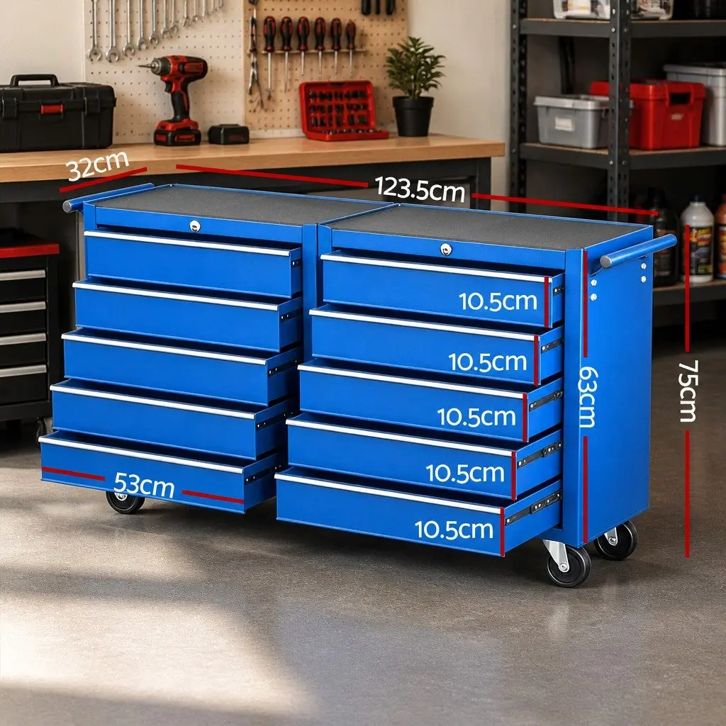 Tool Chest Trolley for Workshop Organiser 10 Drawers Blue