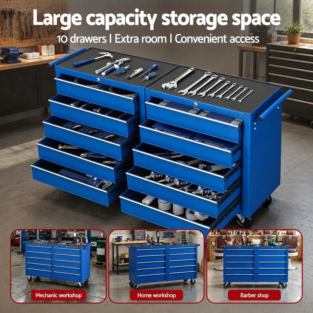 Tool Chest Trolley for Workshop Organiser 10 Drawers Blue
