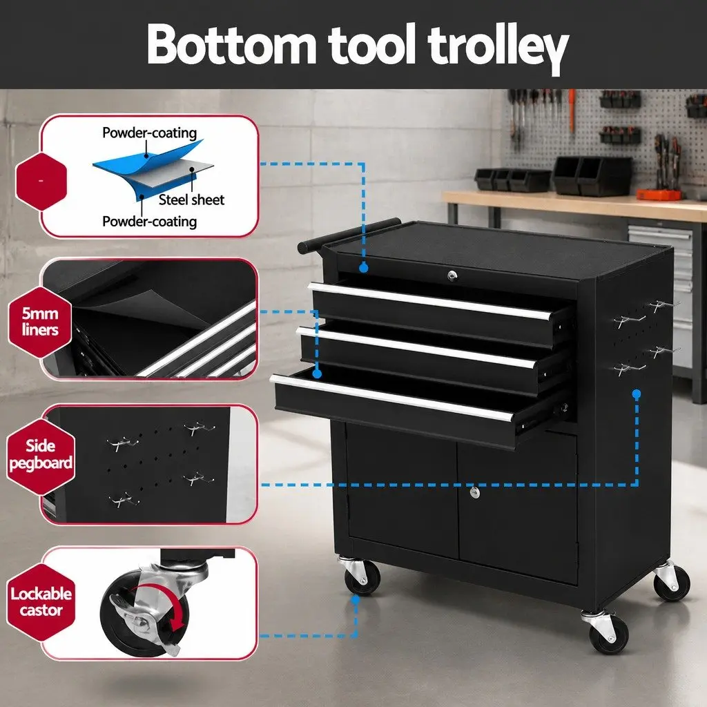 13 Drawer Tool Box Cabinet Chest Storage Organiser Trolley Garage Workshop Black
