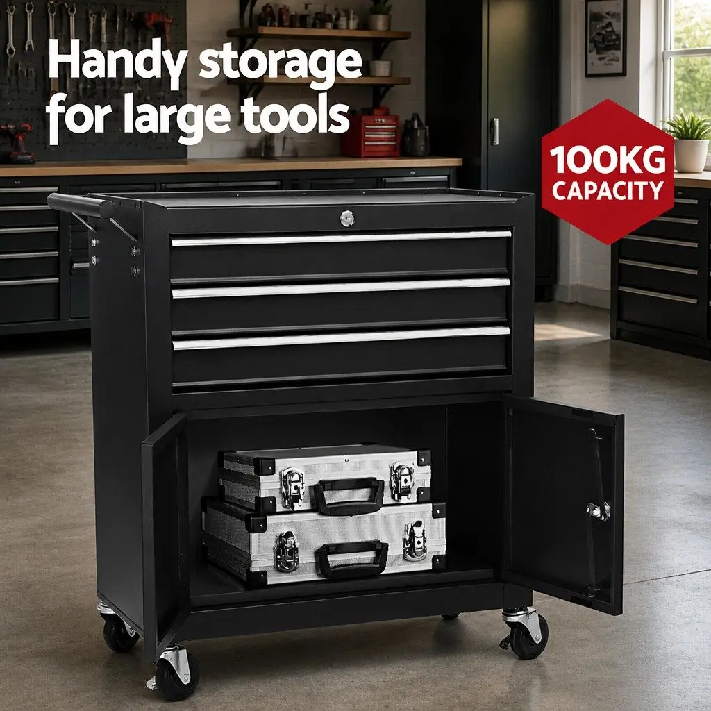 13 Drawer Tool Box Cabinet Chest Storage Organiser Trolley Garage Workshop Black