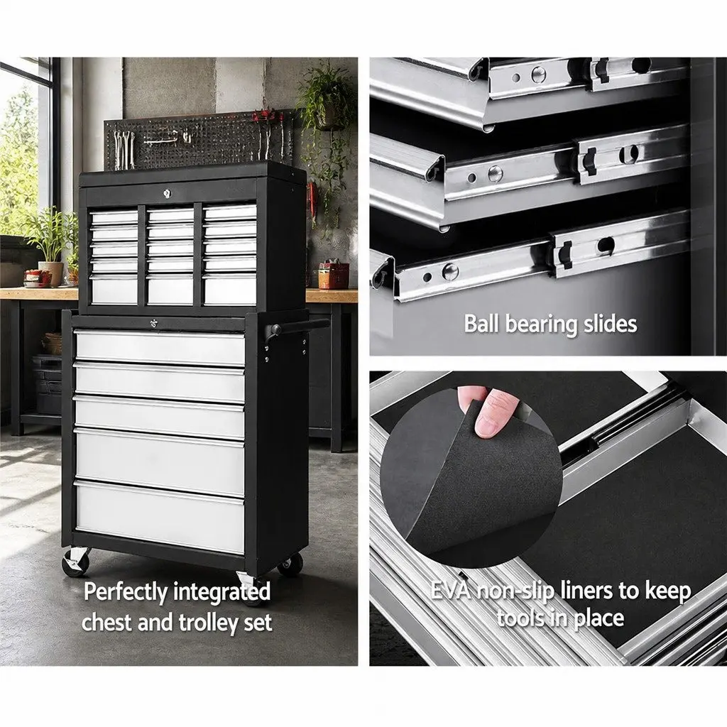 14 Drawer Tool Box Cabinet Chest Storage Trolley with Wheels Garage Workshop