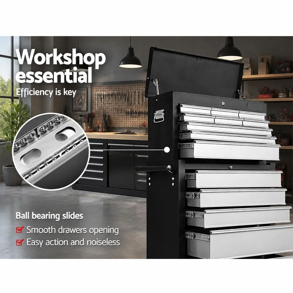 14 Drawer Tool Box Cabinet Chest Storage Trolley with Wheels Garage Workshop
