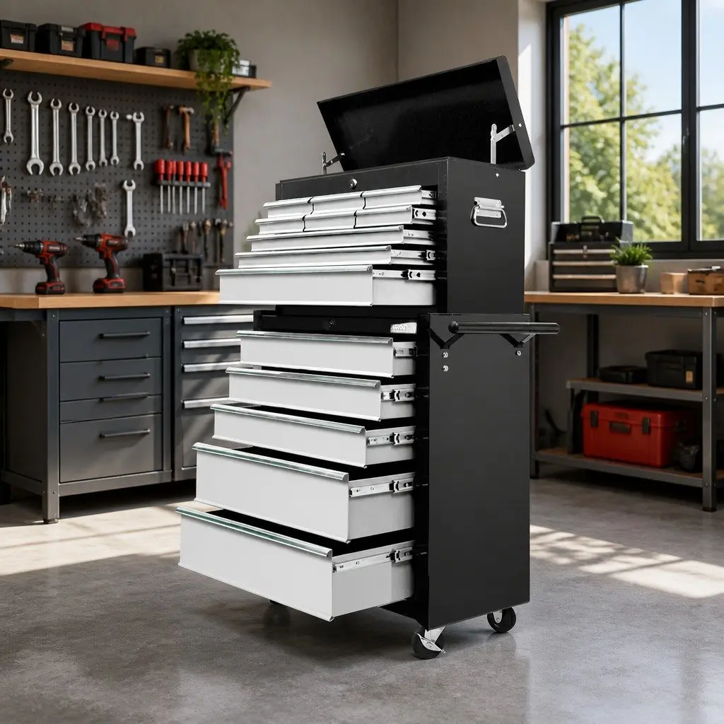14 Drawer Tool Box Cabinet Chest Storage Trolley with Wheels Garage Workshop