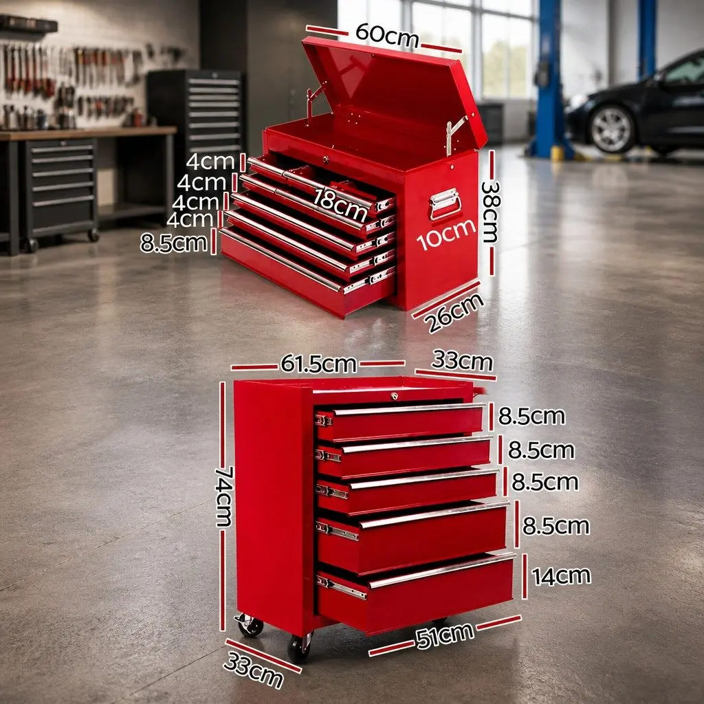 14 Drawer Tool Box Cabinet Storage Trolley for Garage Workshop Red 61.5cm x 33cm x 112cm