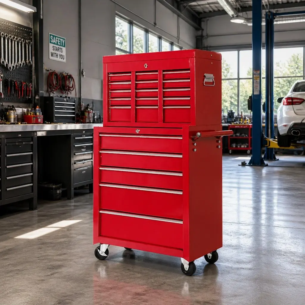 14 Drawer Tool Box Cabinet Storage Trolley for Garage Workshop Red 61.5cm x 33cm x 112cm