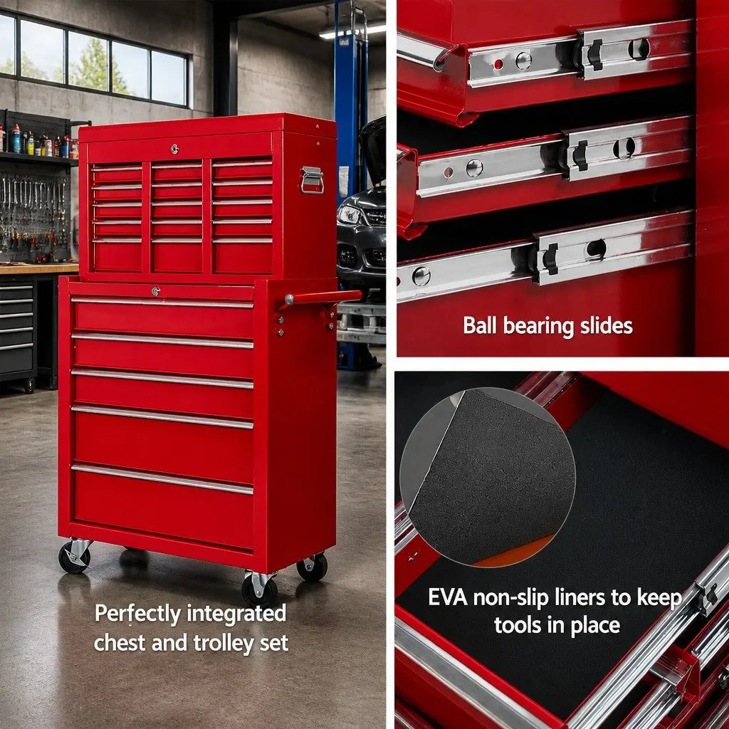 14 Drawer Tool Box Cabinet Storage Trolley for Garage Workshop Red 61.5cm x 33cm x 112cm