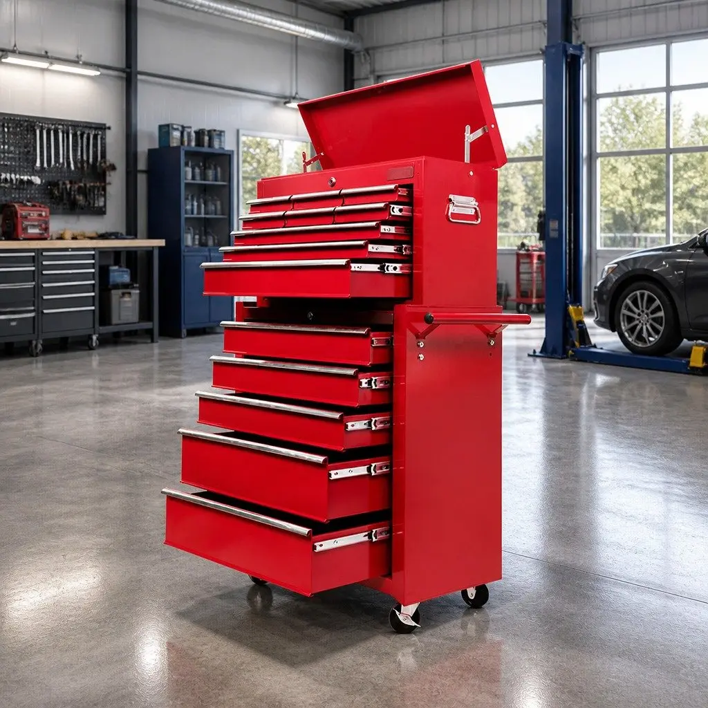 14 Drawer Tool Box Cabinet Storage Trolley for Garage Workshop Red 61.5cm x 33cm x 112cm