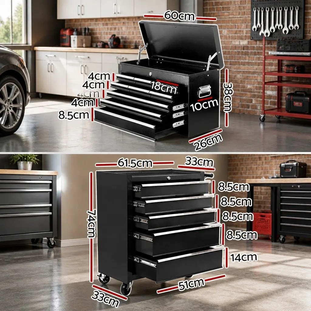 Tool Cabinet Chest for Garage Storage 14 Drawer Mobile Trolley Black 61.5cm x 33cm x 112cm
