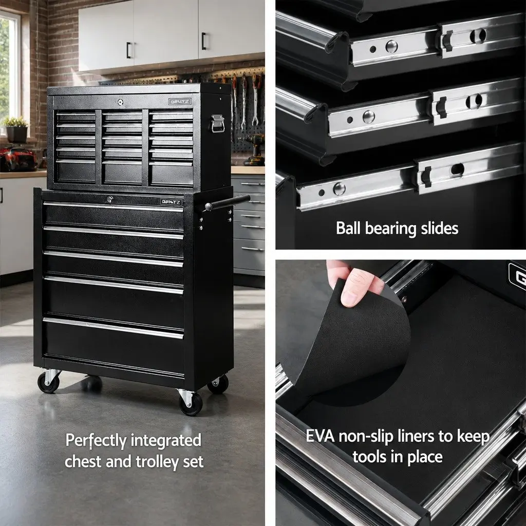 Tool Cabinet Chest for Garage Storage 14 Drawer Mobile Trolley Black 61.5cm x 33cm x 112cm
