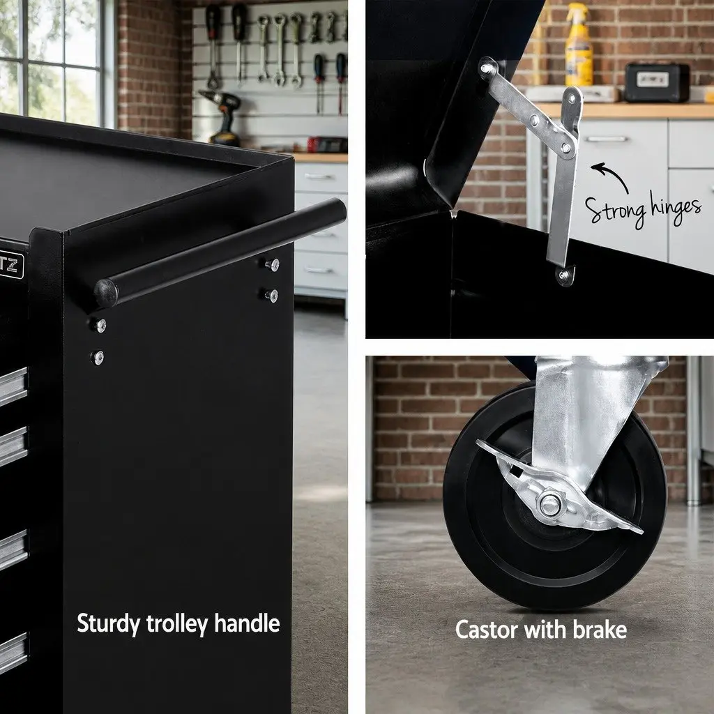 Tool Cabinet Chest for Garage Storage 14 Drawer Mobile Trolley Black 61.5cm x 33cm x 112cm