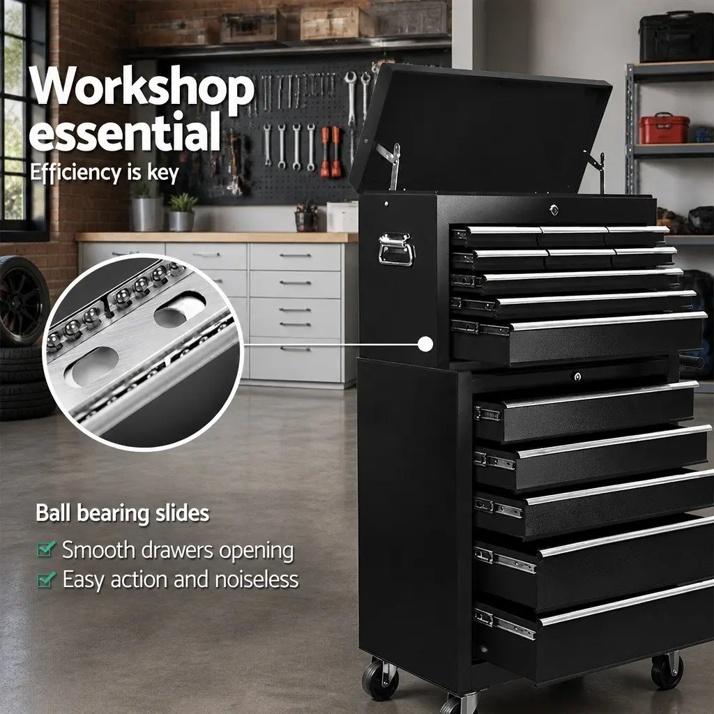 Tool Cabinet Chest for Garage Storage 14 Drawer Mobile Trolley Black 61.5cm x 33cm x 112cm