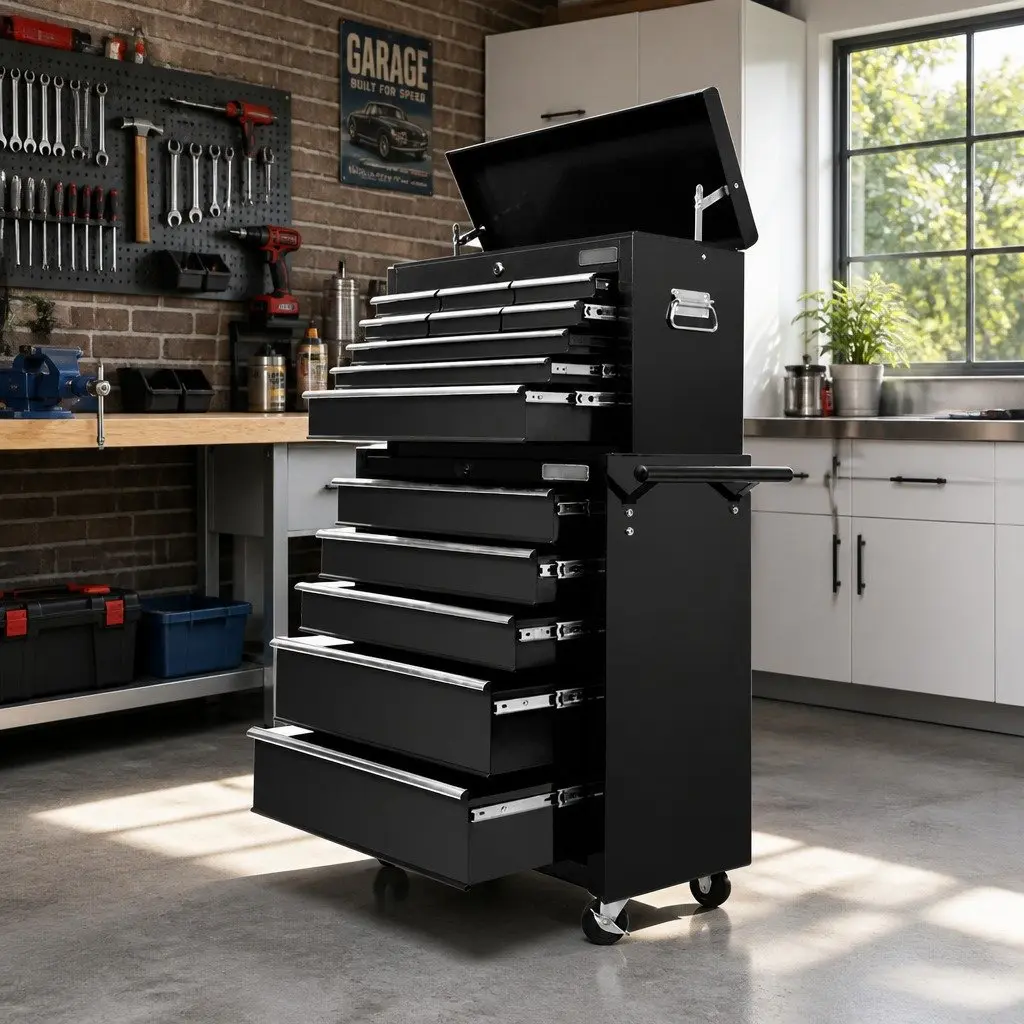 Tool Cabinet Chest for Garage Storage 14 Drawer Mobile Trolley Black 61.5cm x 33cm x 112cm