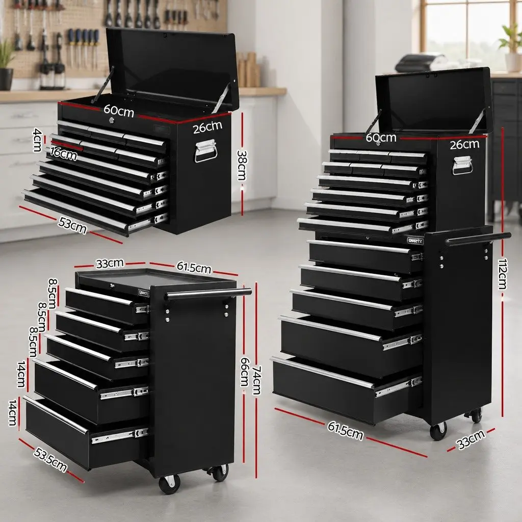 15 Drawer Mobile Tool Storage Trolley Workshop Organizer Black