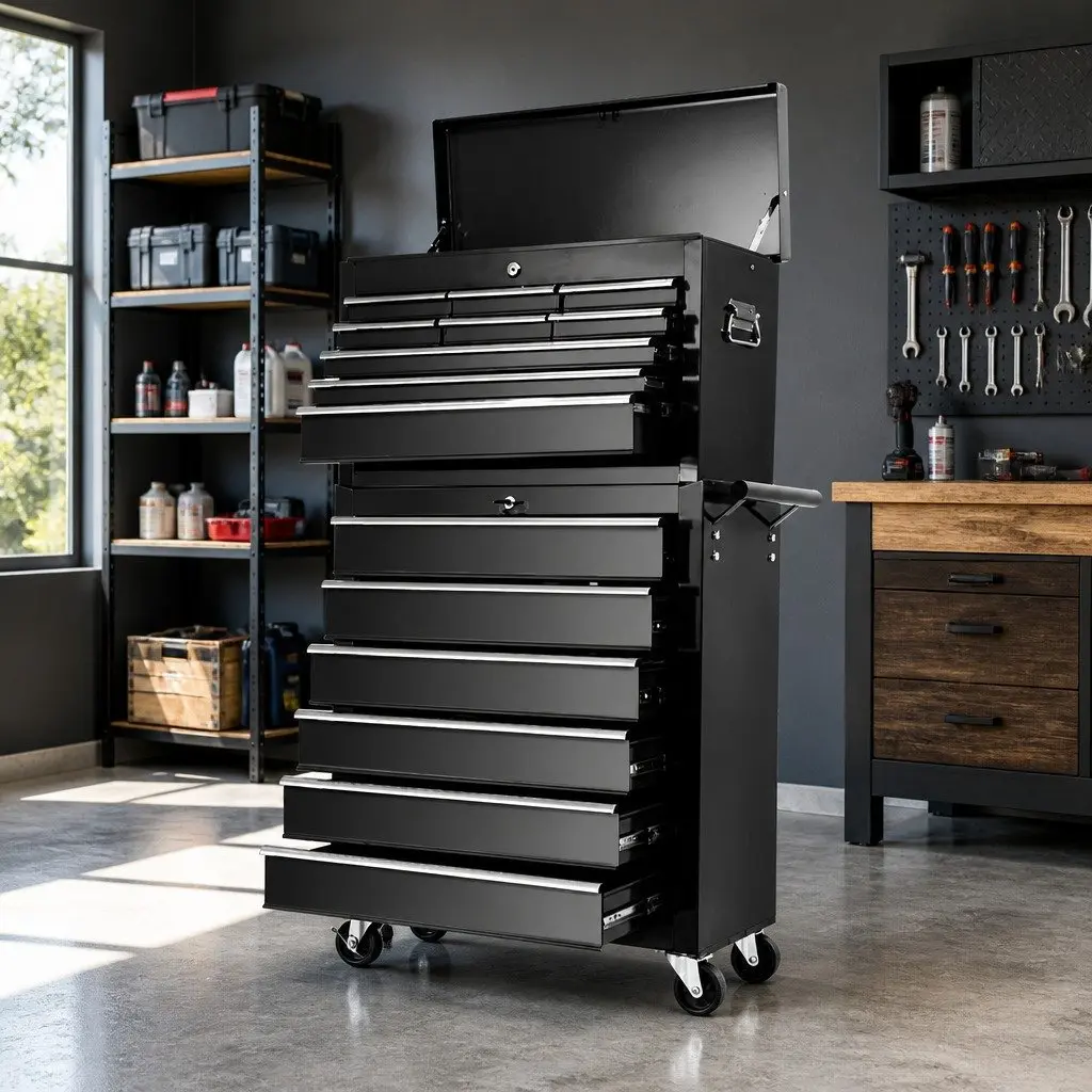15 Drawer Tool Box Cabinet Chest Trolley Garage Storage Organizer Lockable