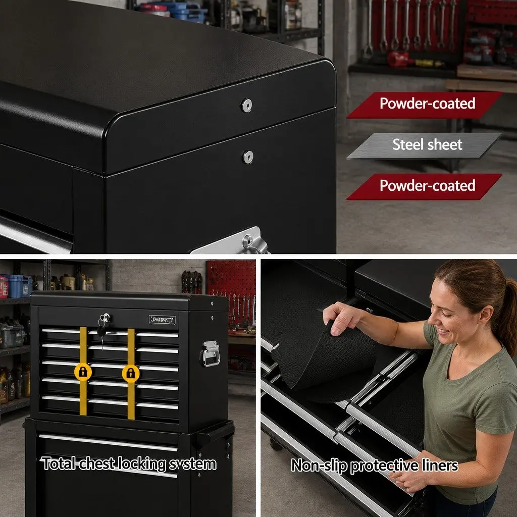 Tool Cabinet Chest Trolley for Garage Storage Organizer 16 Drawer Black Steel 68cm x 33cm x 111cm