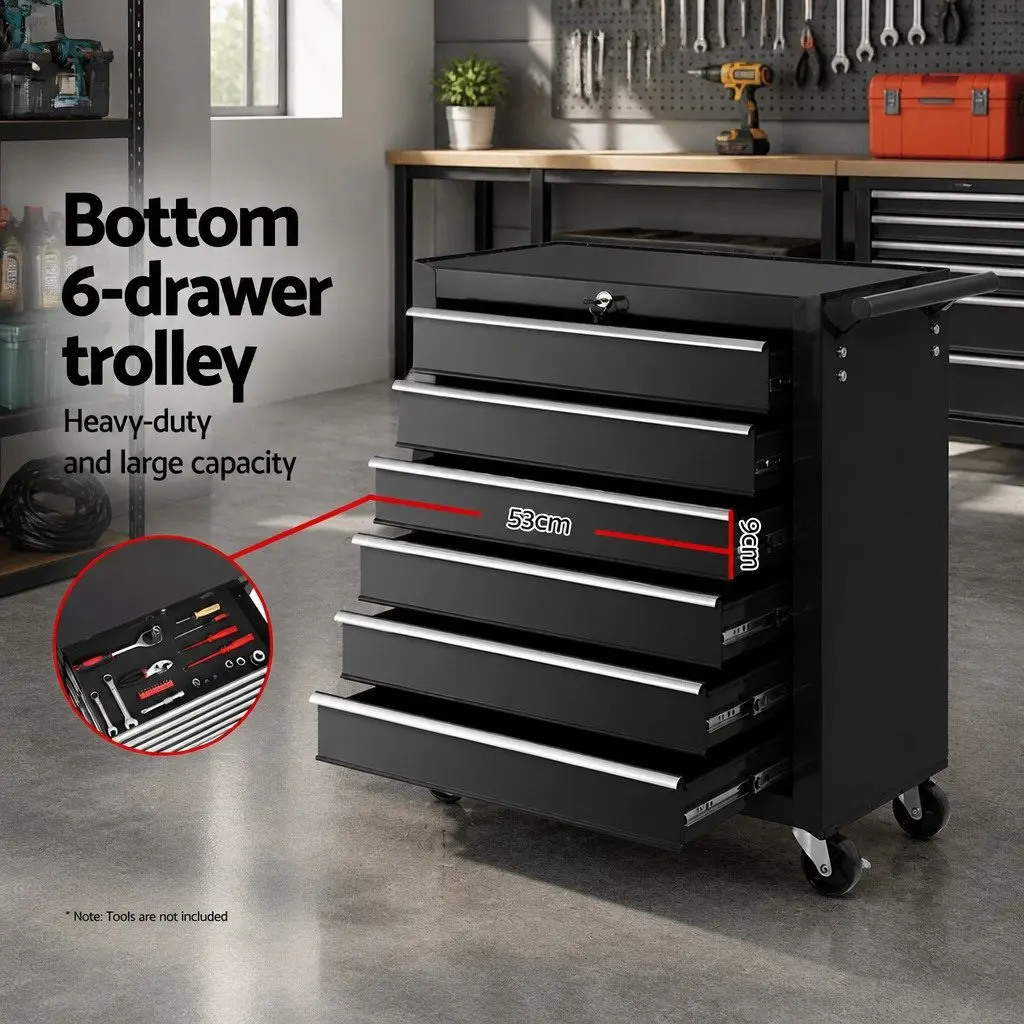 Tool Cabinet Chest Trolley for Garage Storage Organizer 16 Drawer Black Steel 68cm x 33cm x 111cm
