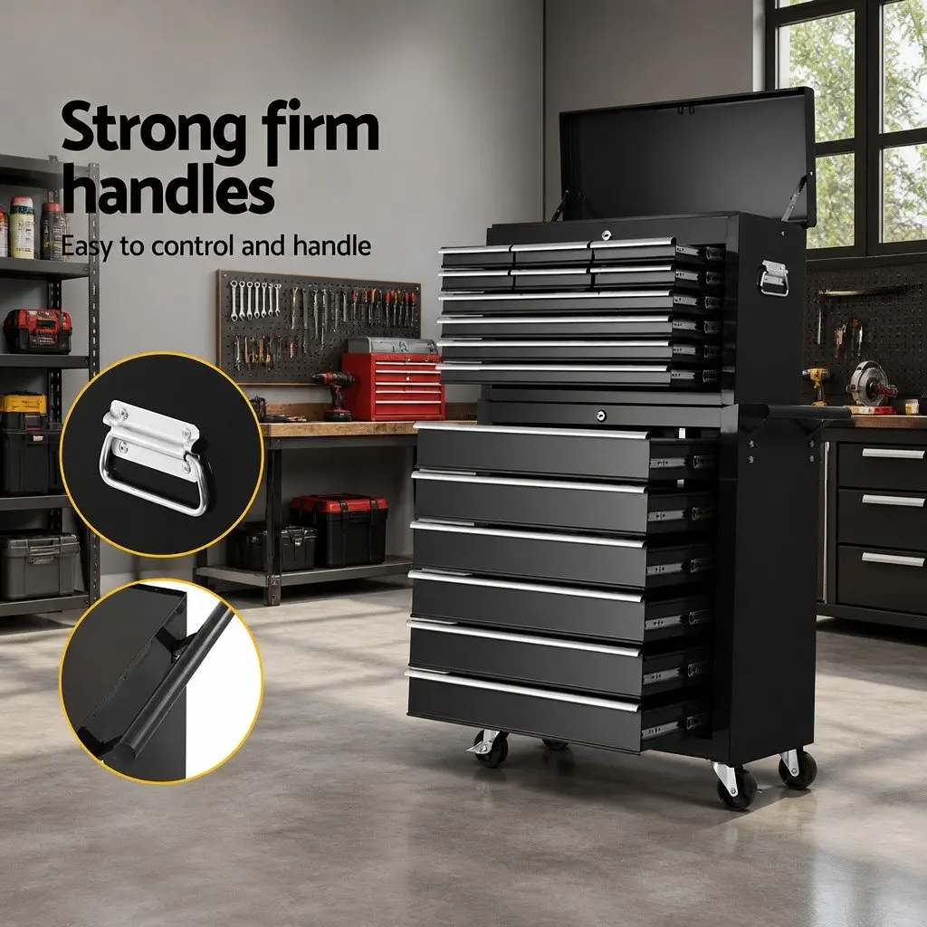 Tool Cabinet Chest Trolley for Garage Storage Organizer 16 Drawer Black Steel 68cm x 33cm x 111cm