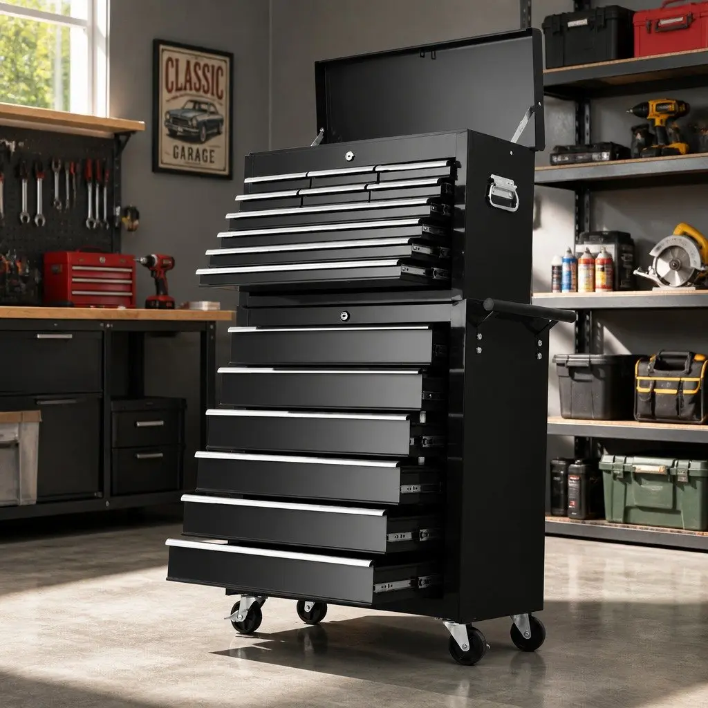 Tool Cabinet Chest Trolley for Garage Storage Organizer 16 Drawer Black Steel 68cm x 33cm x 111cm