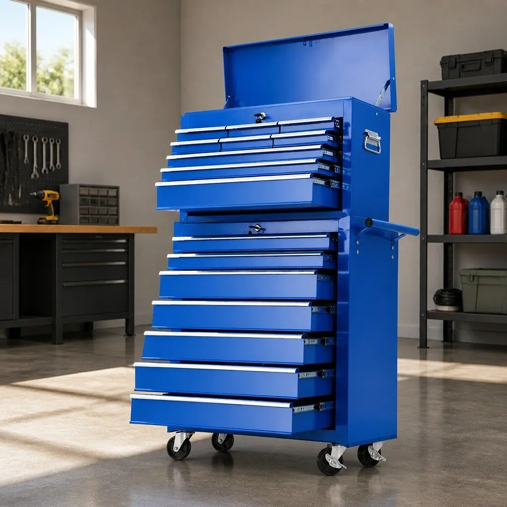 Tool Chest Trolley Cabinet 16 Drawers Storage Cart Garage Workshop Blue Steel