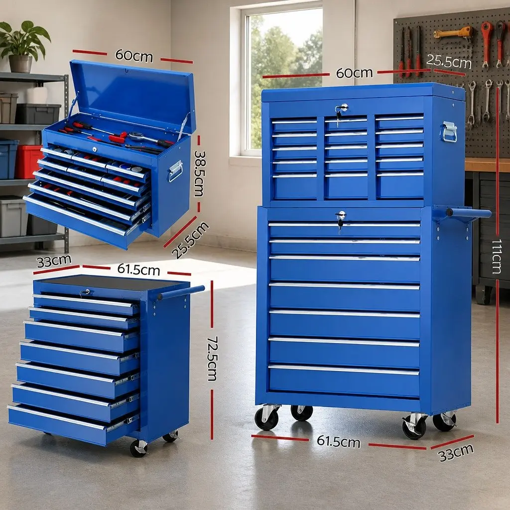 Tool Cabinet Trolley for Garage Workshop 16 Drawers Blue Steel