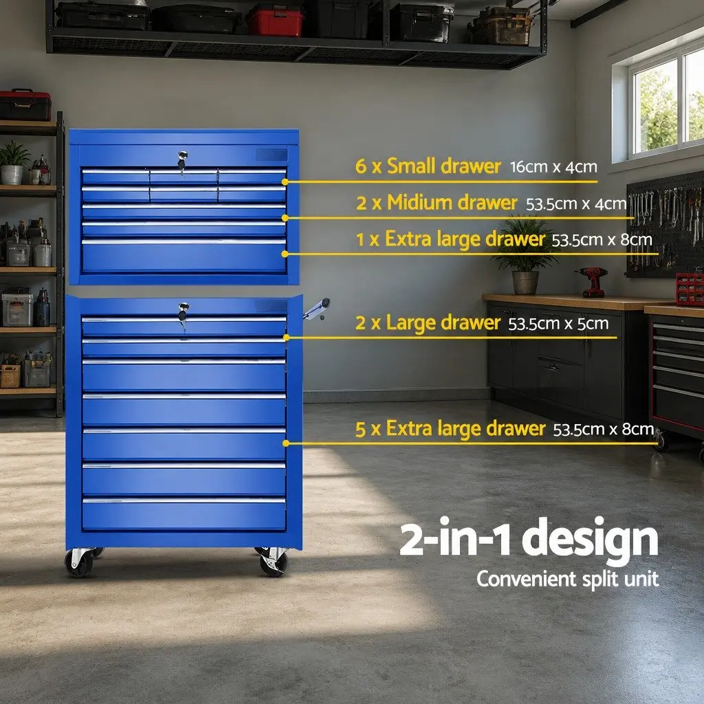 Tool Cabinet Trolley for Garage Workshop 16 Drawers Blue Steel