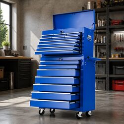 17 Drawer Tool Box Cabinet Trolley Chest Garage Storage Blue Steel with Castors