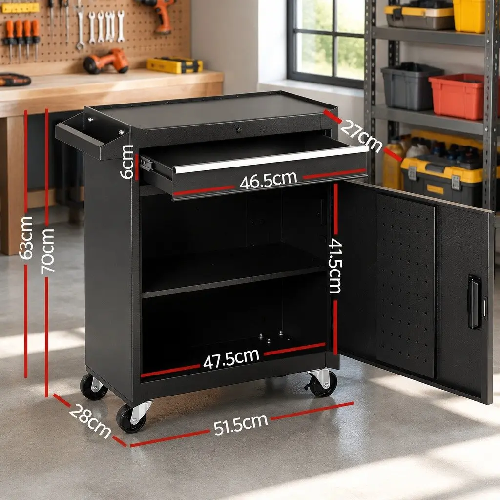 Tool Chest Trolley Garage Storage Organizer Black 51.5cm L x 28cm W x 70cm H