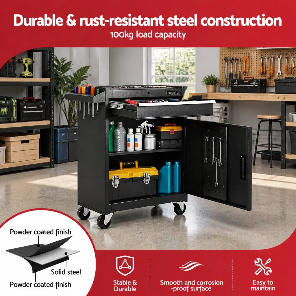 Tool Chest Trolley Garage Storage Organizer Black 51.5cm L x 28cm W x 70cm H