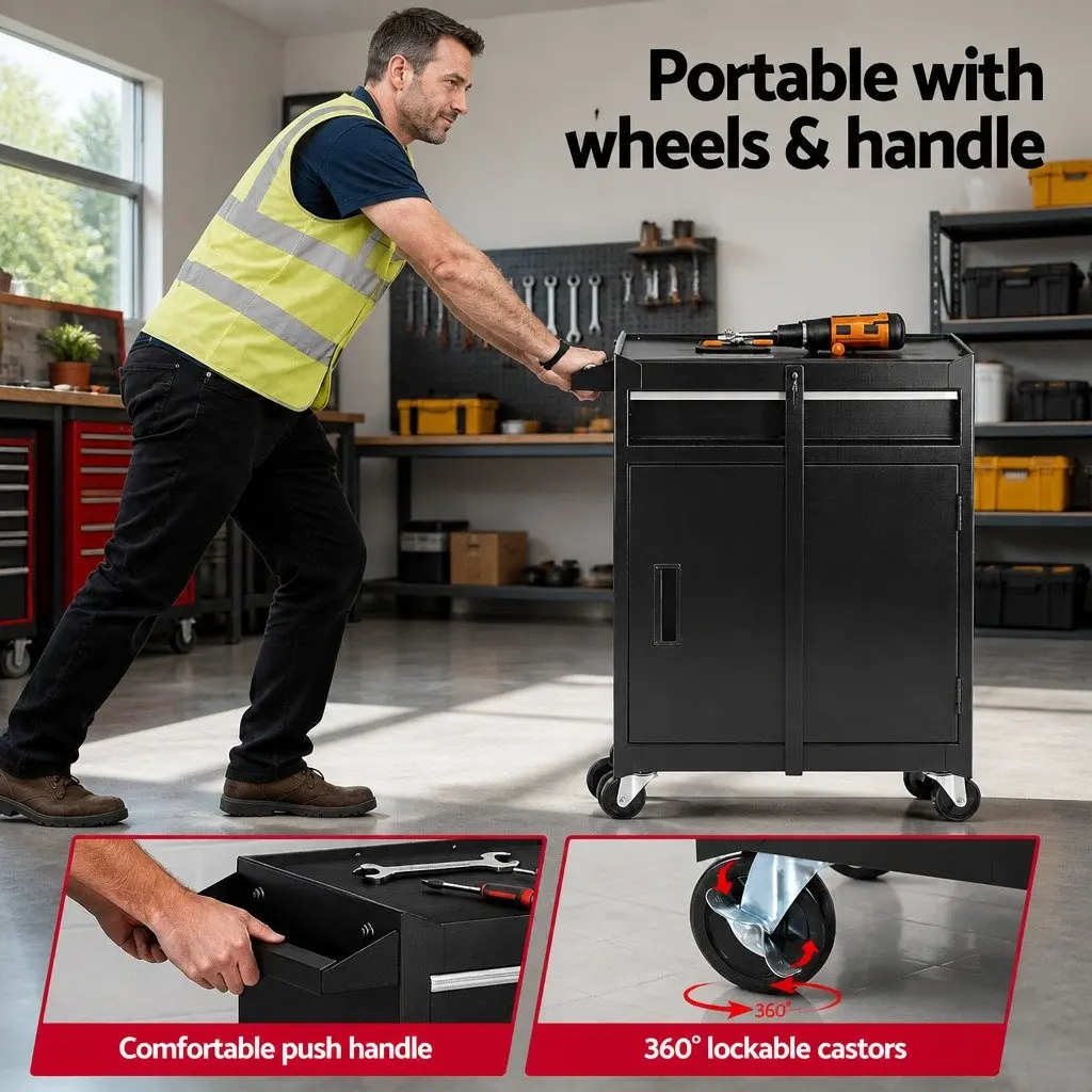 Tool Chest Trolley Garage Storage Organizer Black 51.5cm L x 28cm W x 70cm H