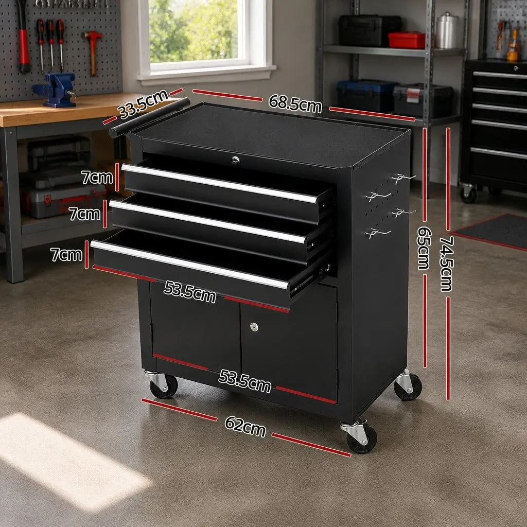 3 Drawer Tool Storage Trolley with Lockable Castors