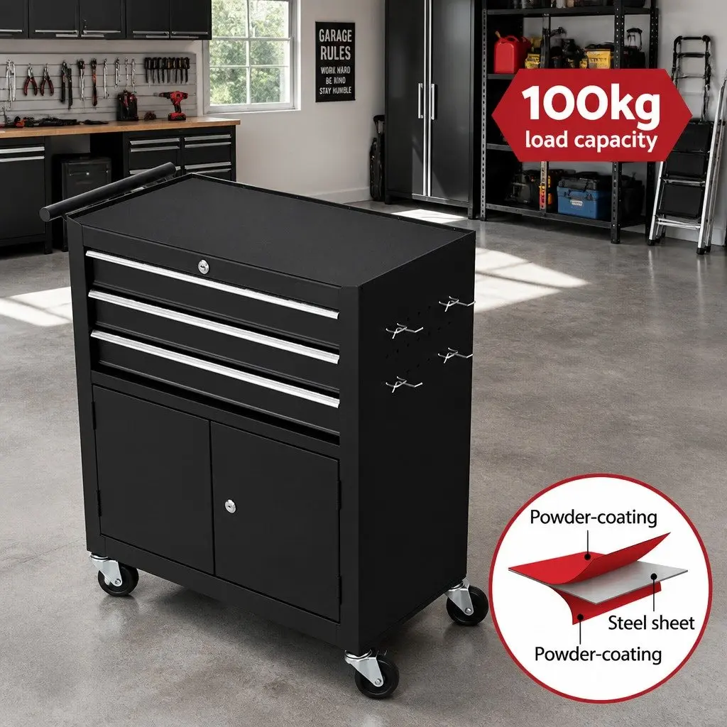 3 Drawer Tool Storage Trolley with Lockable Castors