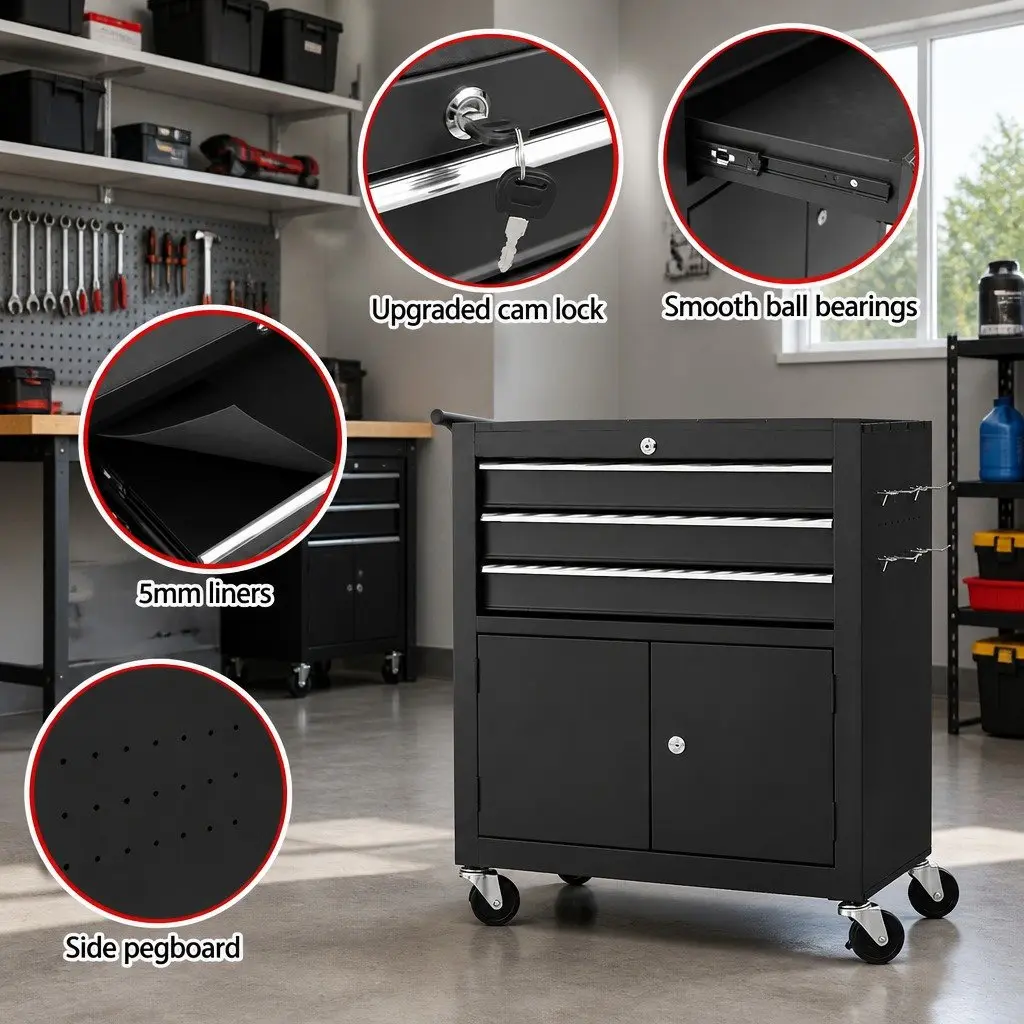 3 Drawer Tool Storage Trolley with Lockable Castors