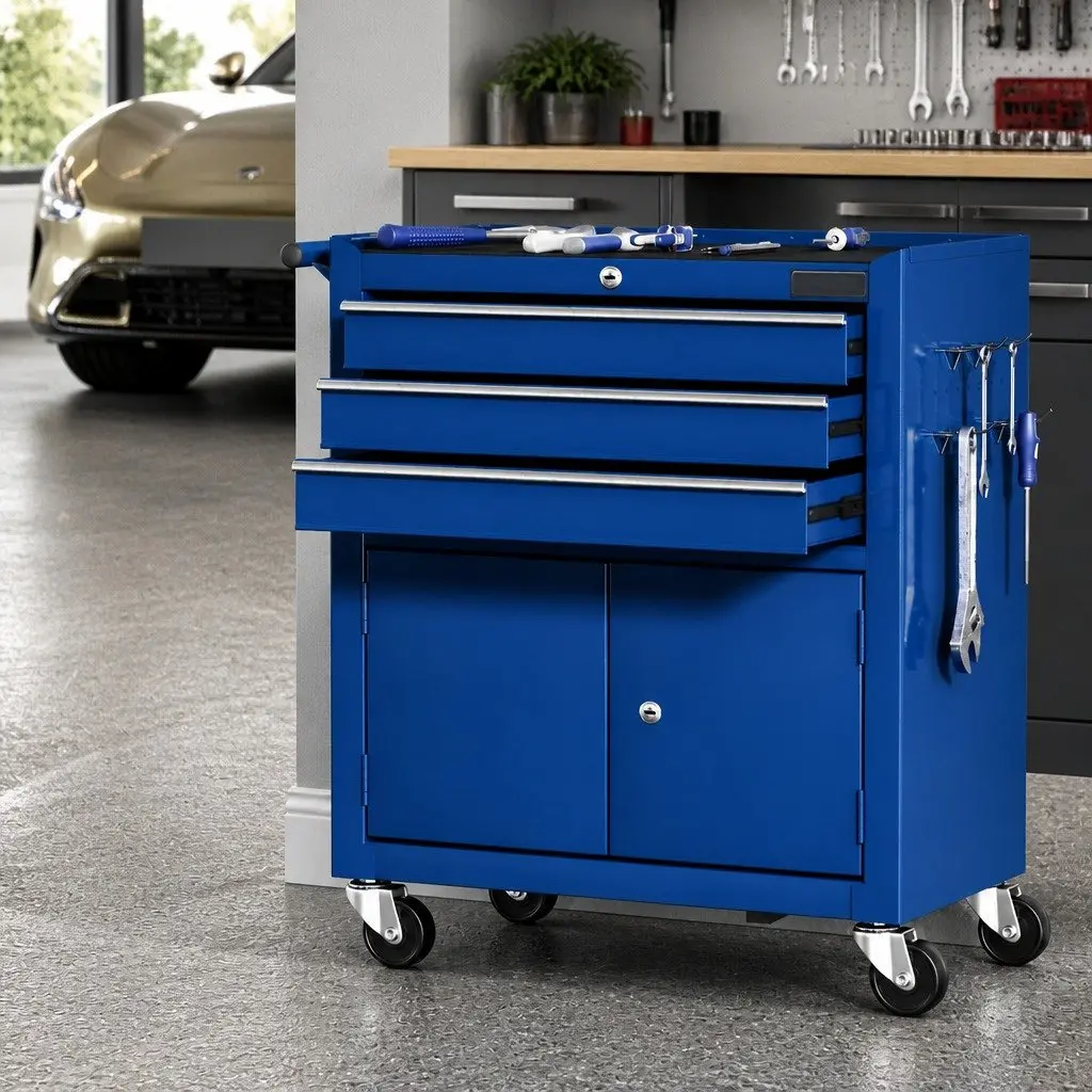 Tool Box Cabinet Chest for Garage Workshop 3 Drawer Blue