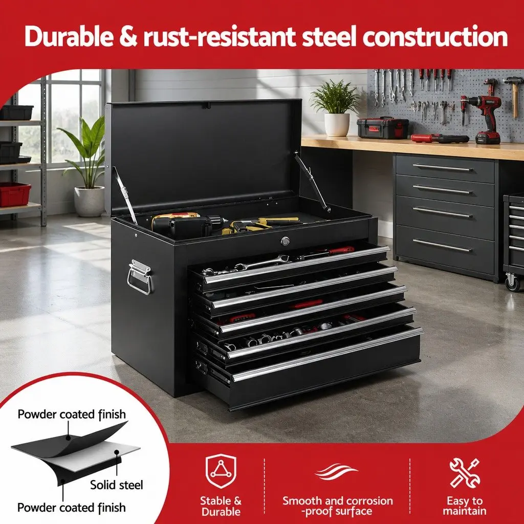 Tool Chest Box for Garage Storage 5 Drawer Lockable Black Steel