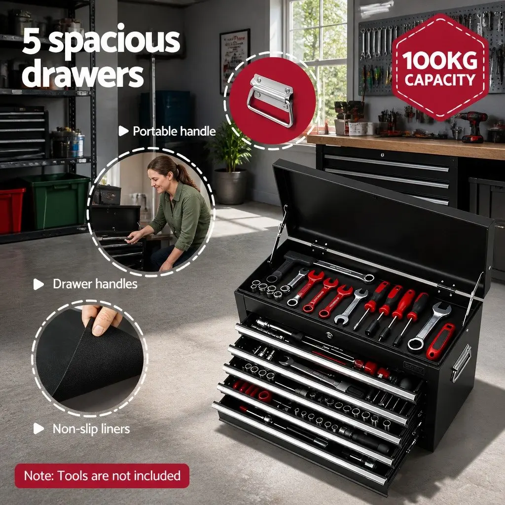 Tool Chest Box for Garage Storage 5 Drawer Lockable Black Steel
