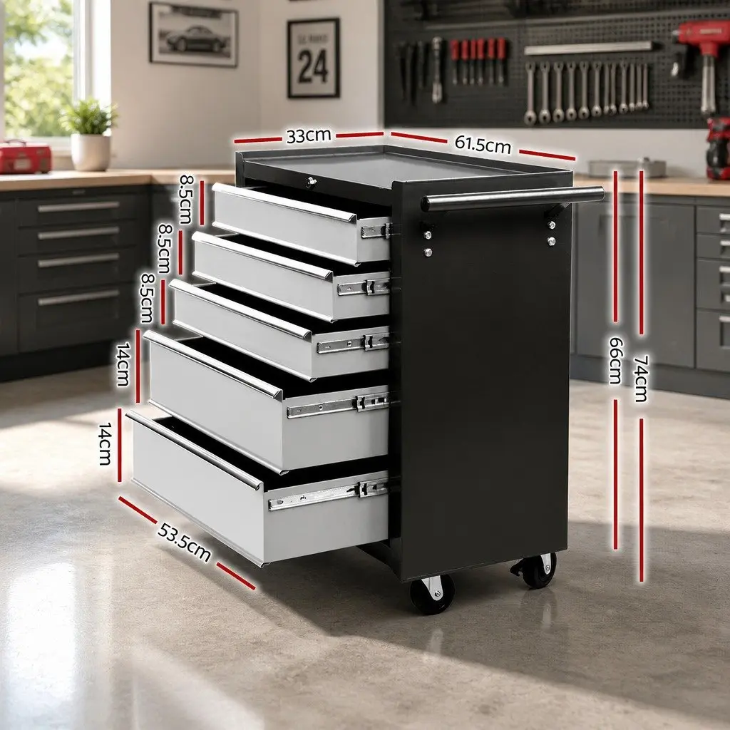 5 Drawer Steel Tool Box Cabinet Trolley Garage Storage Organizer 61.5cm x 33cm x 74cm