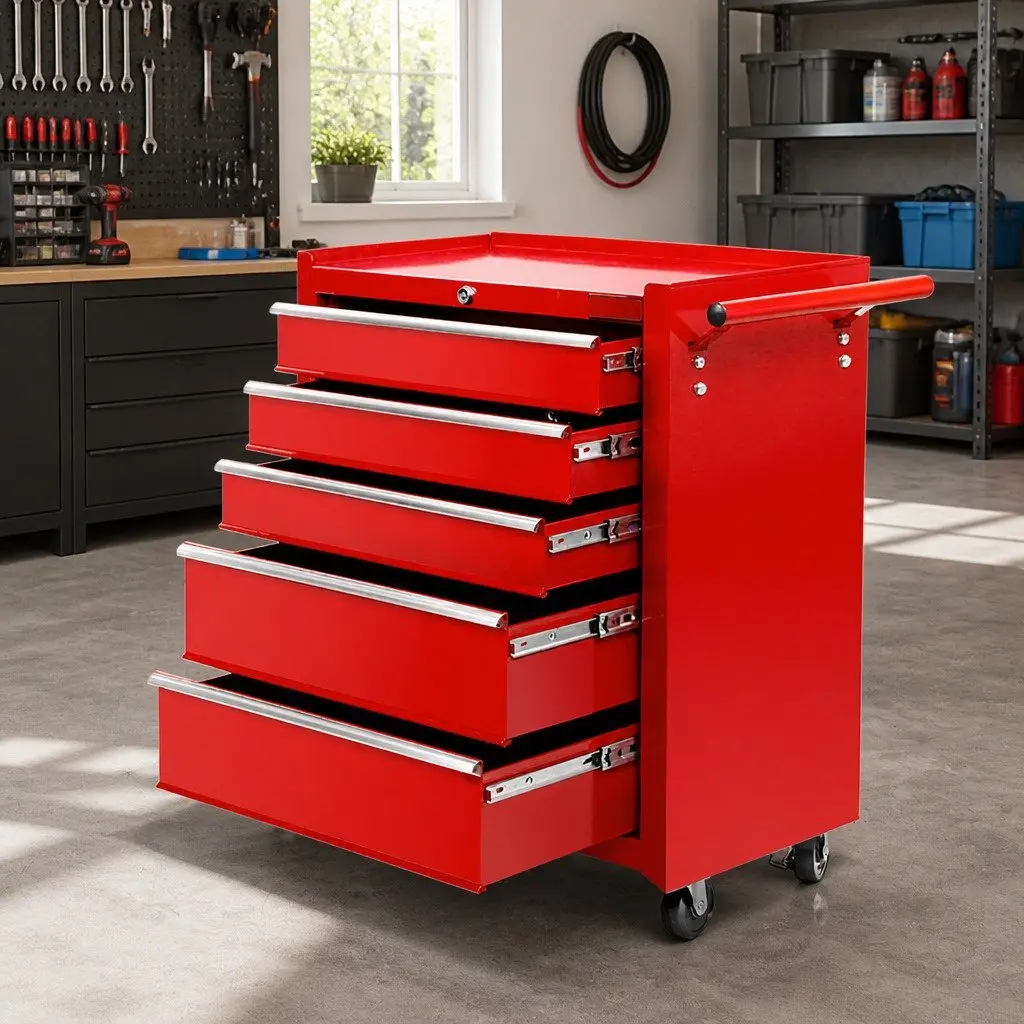5 Drawer Tool Box Cabinet Chest Trolley Storage Red Garage Organizer with Wheels