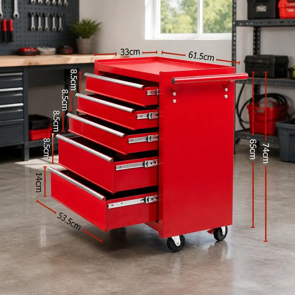 Tool Cabinet Trolley for Garage 5 Drawer Red 61.5cm x 33cm x 74cm