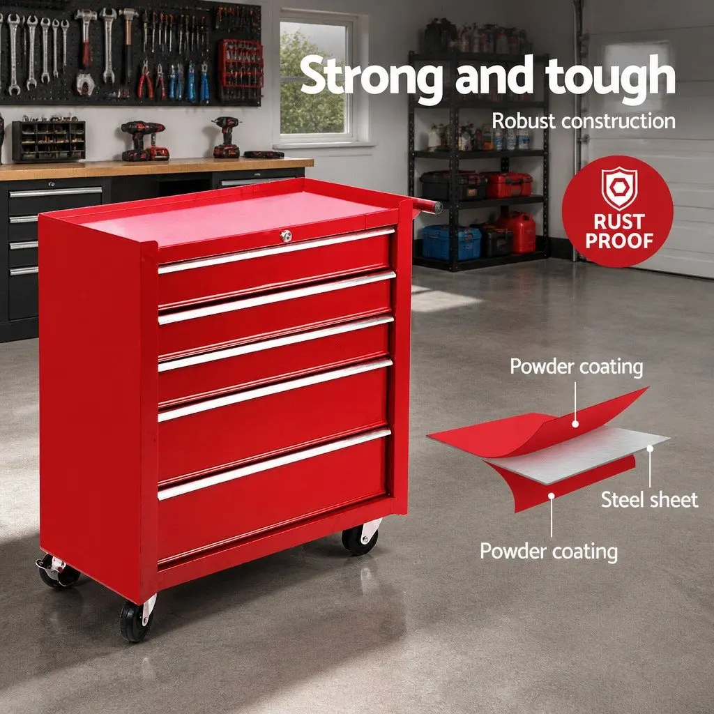 Tool Cabinet Trolley for Garage 5 Drawer Red 61.5cm x 33cm x 74cm