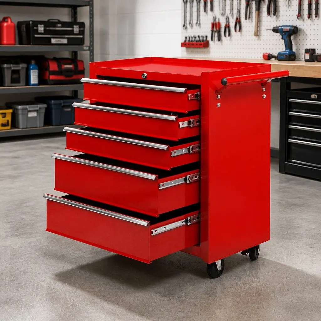 Tool Cabinet Trolley for Garage 5 Drawer Red 61.5cm x 33cm x 74cm